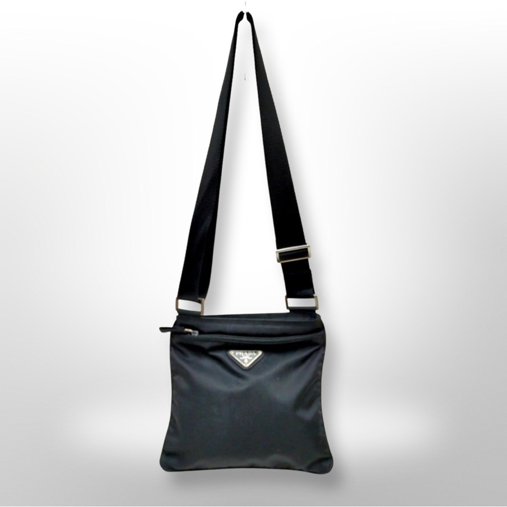 AUTH PRADA Triangle Logo Canvas Pochette Shoulder Bag